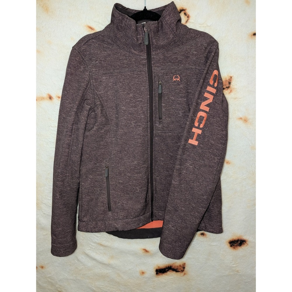 Cinch Womens Brown Heathered Bonded Softshell Jacket Orange Logo Size Small